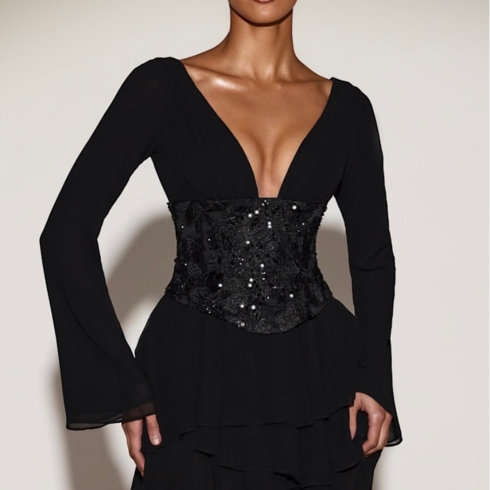 Chiffon Embellished Corset A-line Mini Dress in Black Size: 6